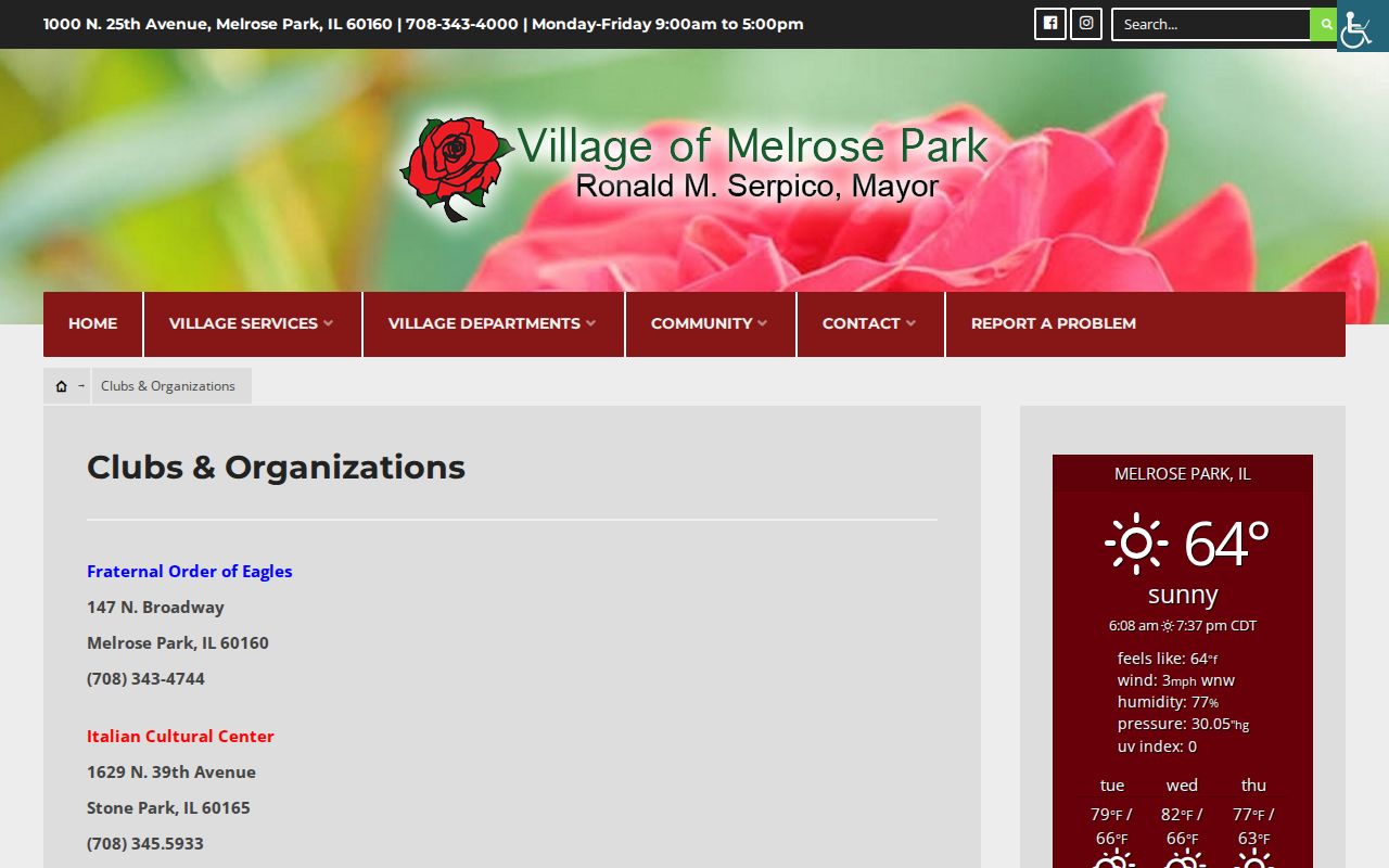 Melrose Park clubs and organizations page with local civic groups and meeting information